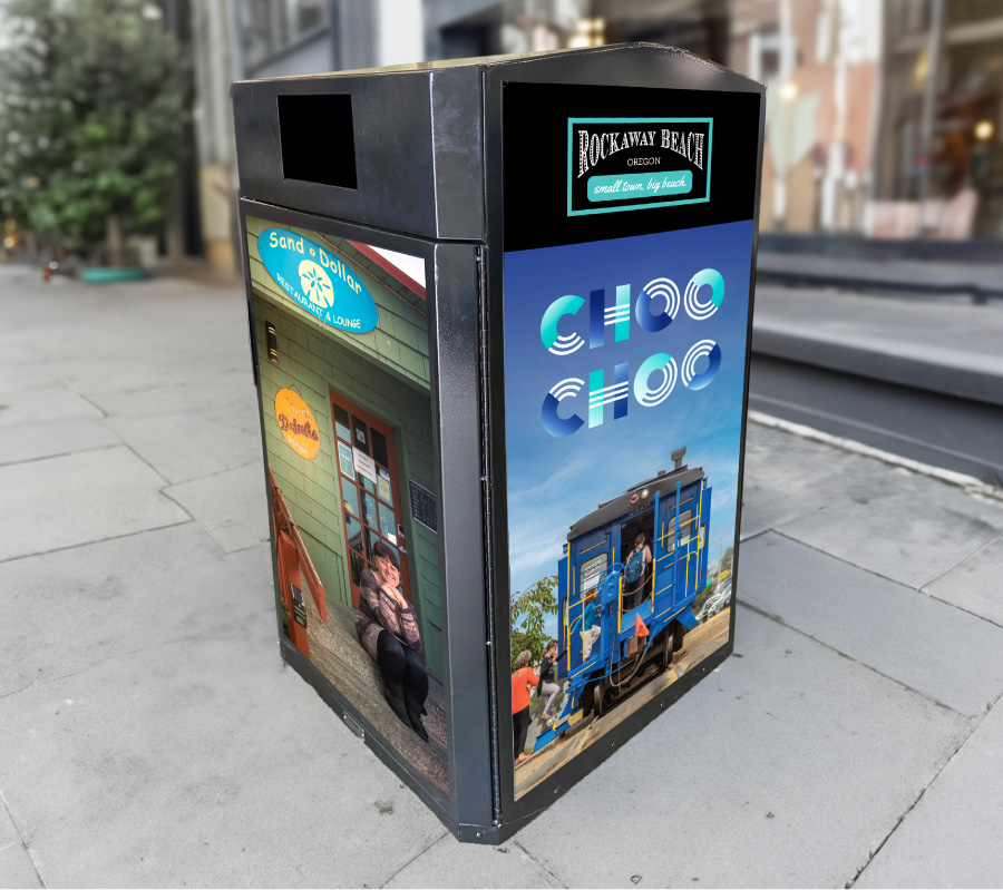 Beach trash can graphics choo choo